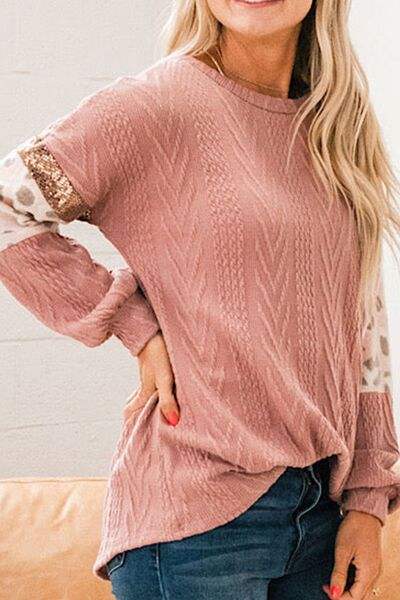 Sequin Leopard Round Neck Long Sleeve Sweater - Trendsi - Flyclothing LLC
