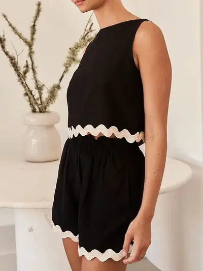 Contrast Trim Round Neck Tank and Shots Set - Trendsi - Flyclothing LLC