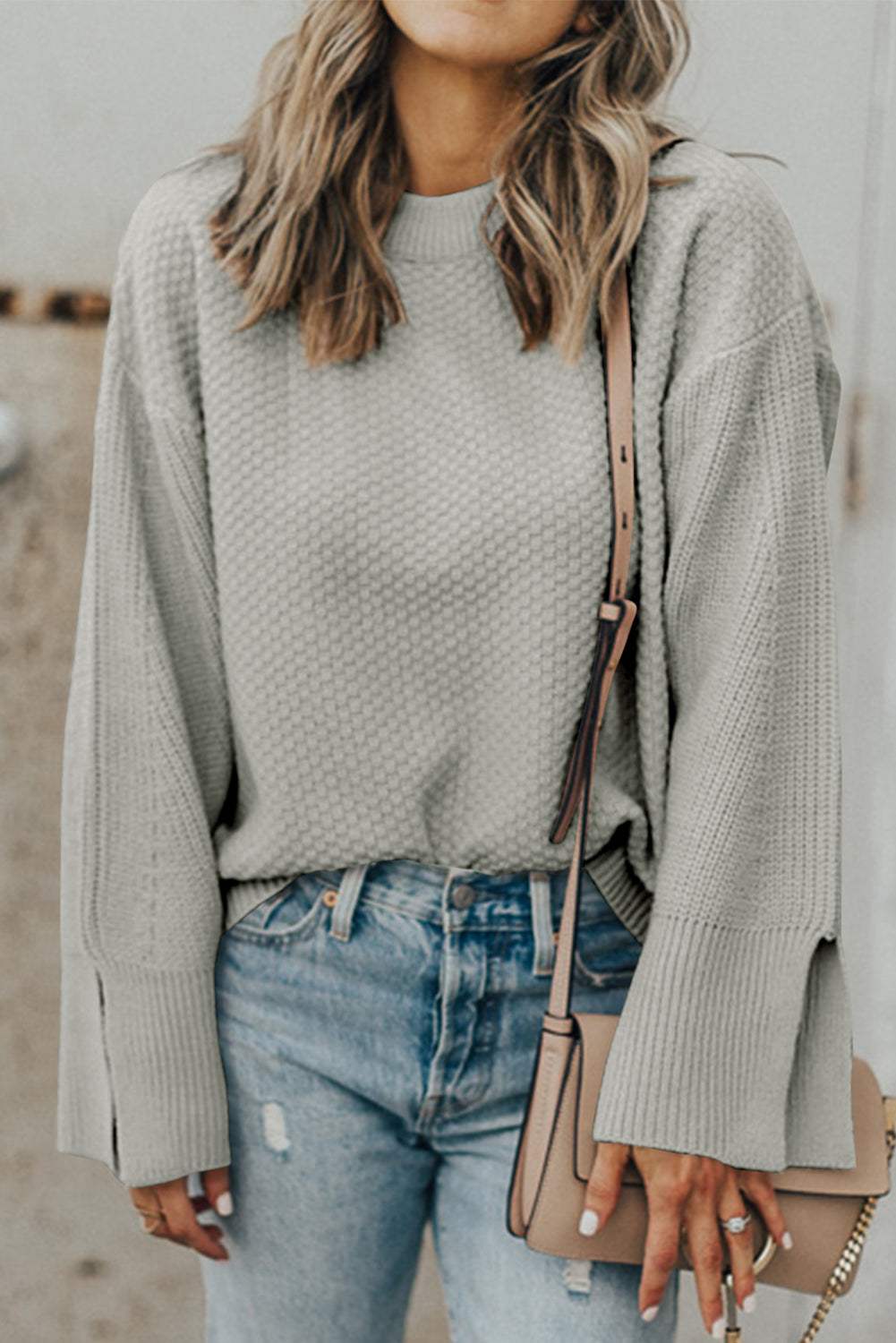 Textured Round Neck Long Sleeve Sweater - Trendsi - Flyclothing LLC