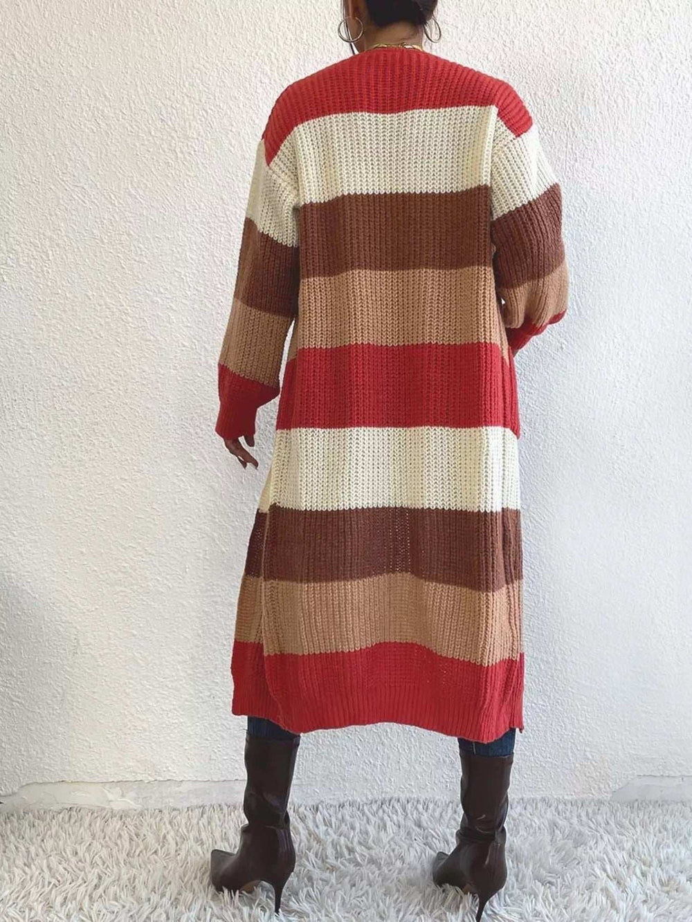 Striped Color Block Open Front Knit Cardigan - Trendsi - Flyclothing LLC