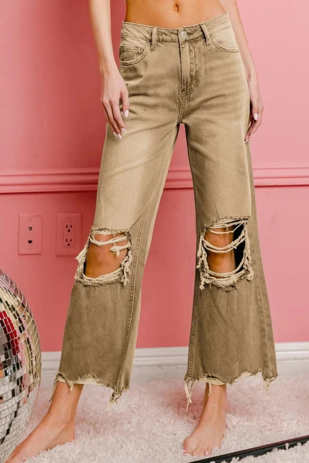 BiBi Distressed Vintage Washed Wide Leg Pants - Trendsi