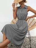 Striped Collared Neck Sleeveless Midi Dress - Trendsi