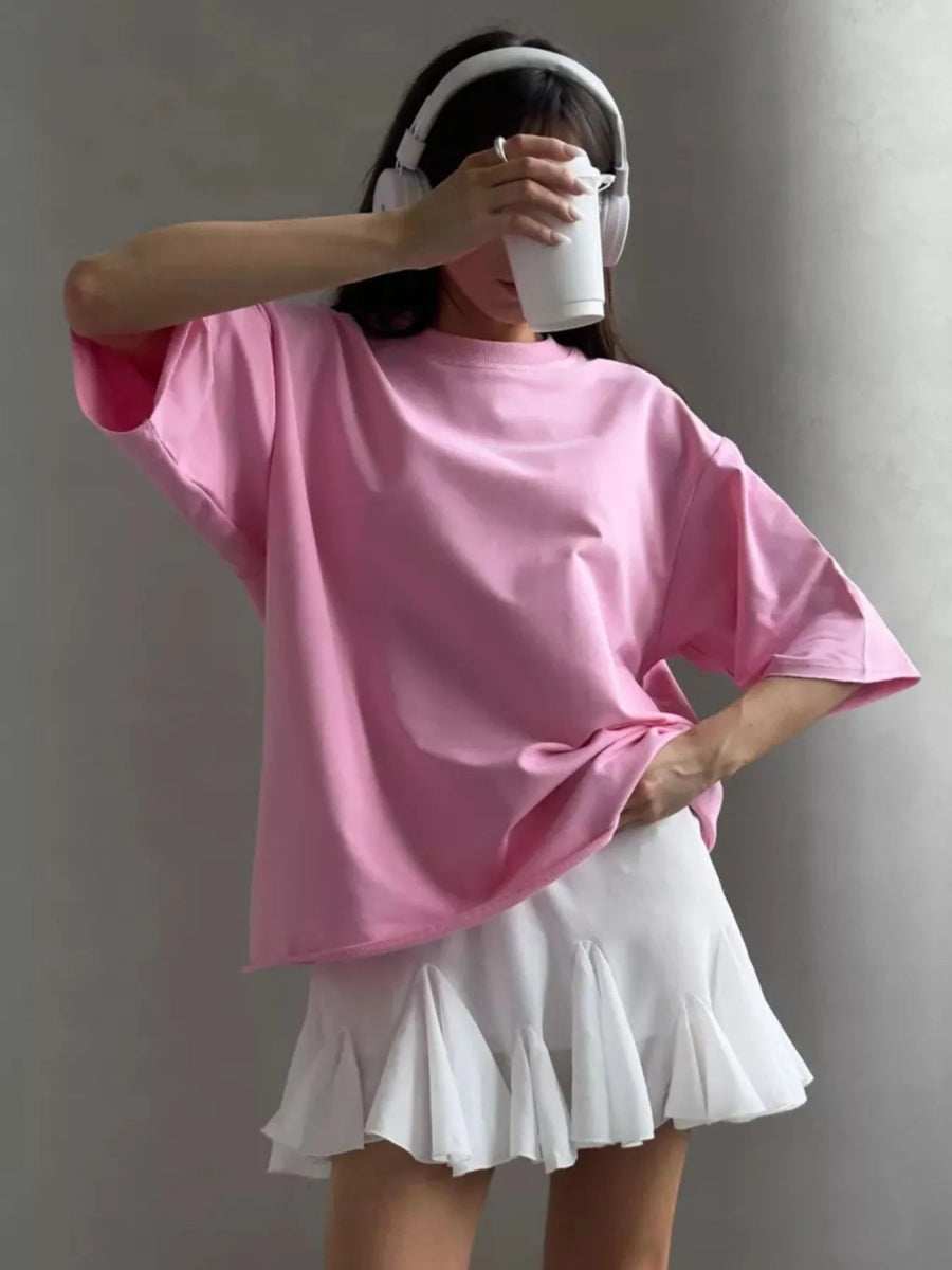 Round Neck Half Sleeve Oversized T-Shirt - Trendsi - Flyclothing LLC