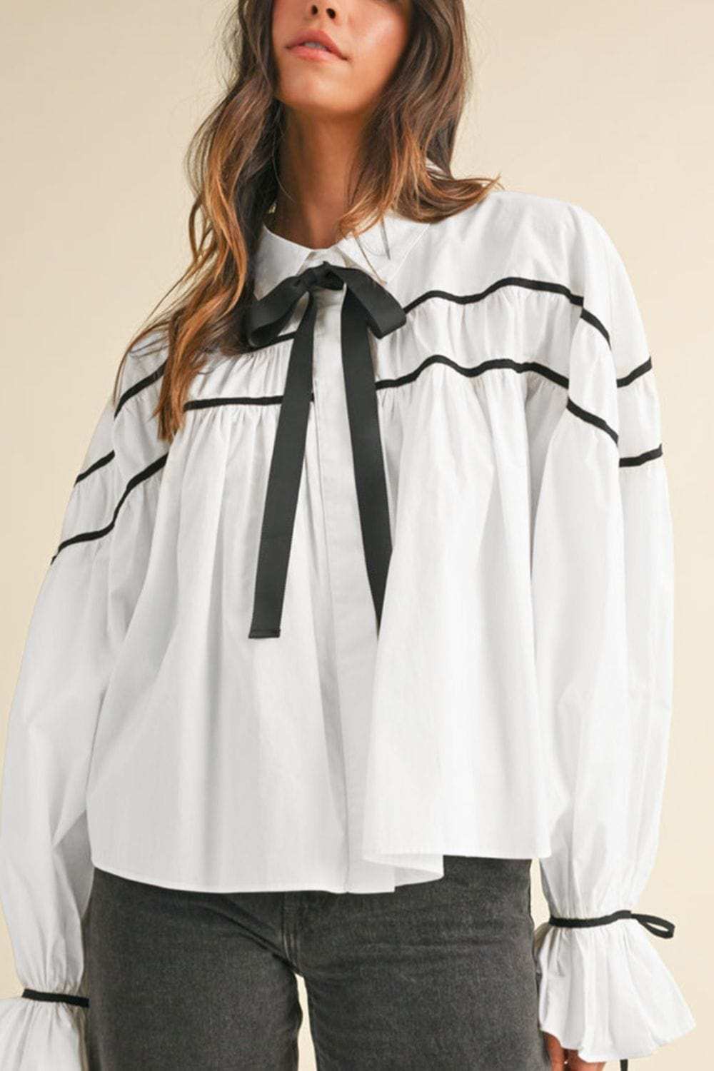 Ribbon Bowtie Collared Neck Flounce Sleeve Shirt - Trendsi - Flyclothing LLC