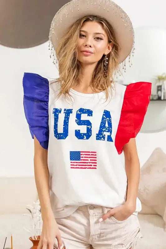 BiBi USA Theme Color Block Organza Ruffle Sleeve Top - Trendsi - Flyclothing LLC