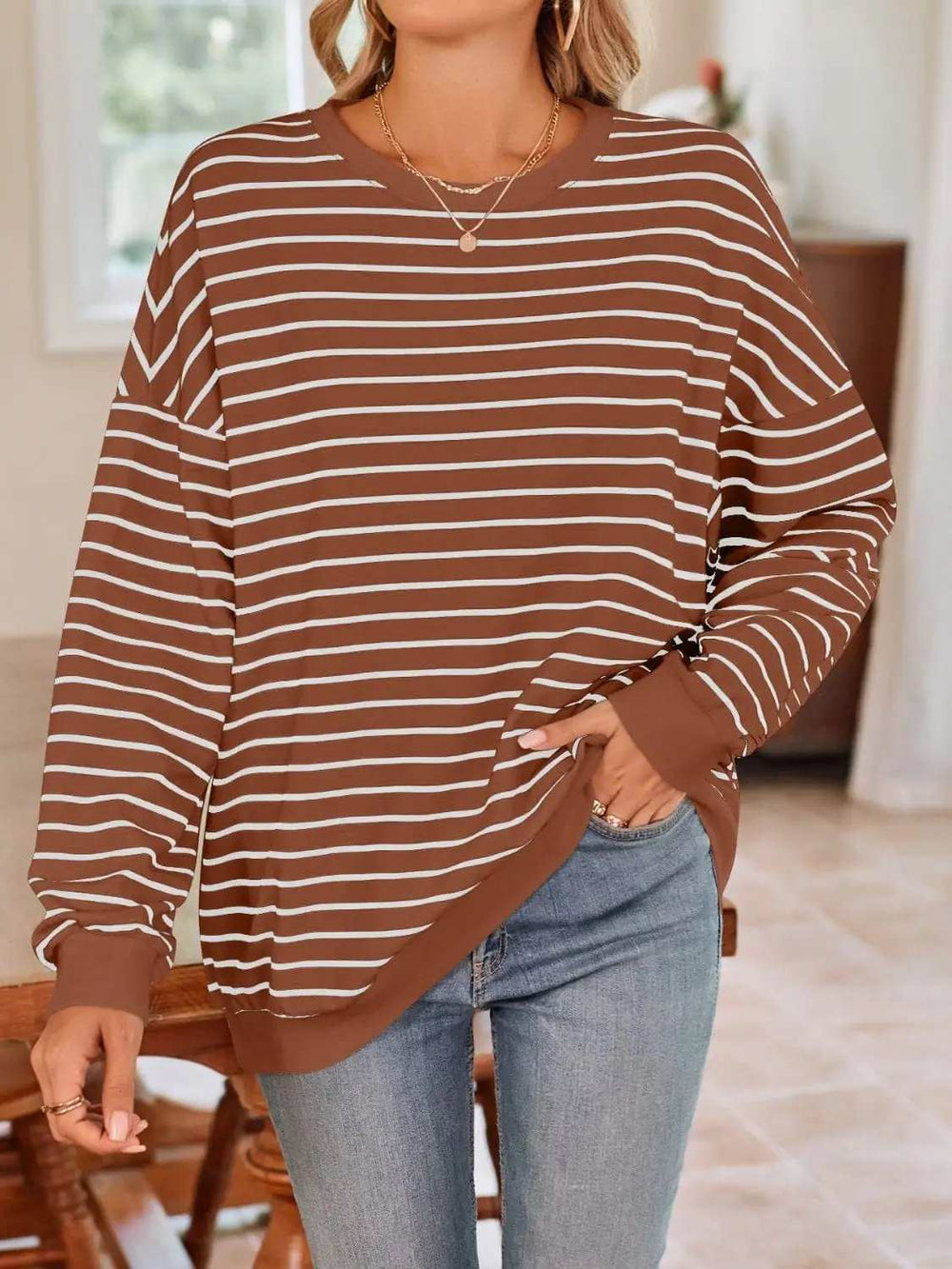 Striped Round Neck Long Sleeve Sweatshirt - Trendsi - Flyclothing LLC
