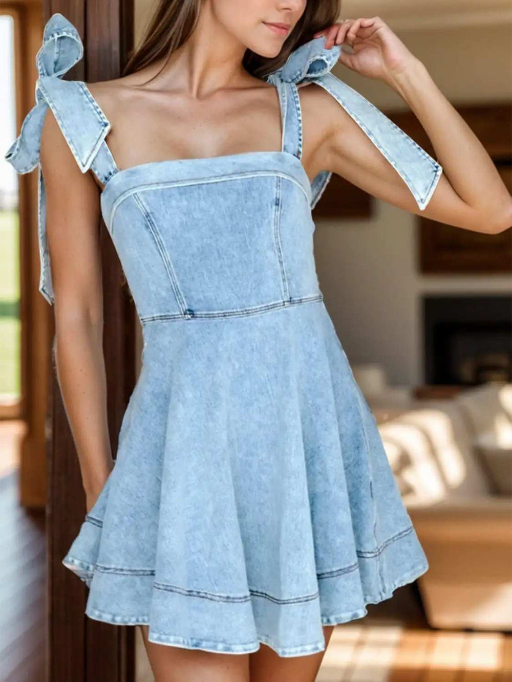 Square Neck Tie Shoulder Denim Dress - Trendsi - Flyclothing LLC