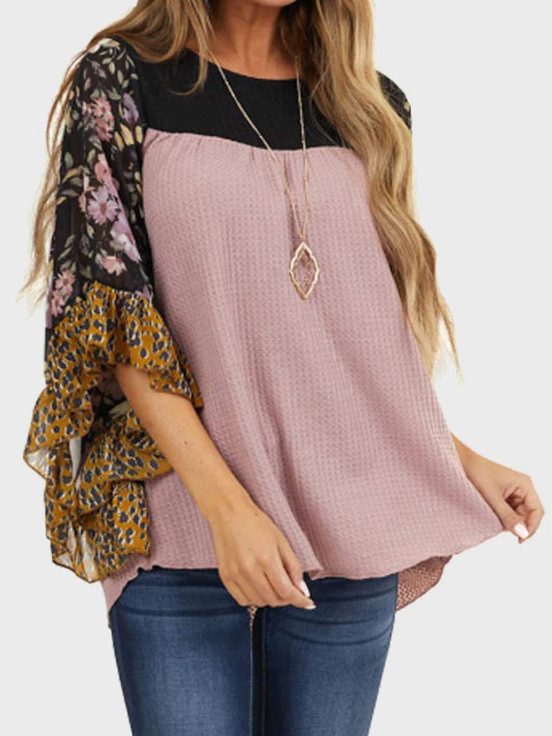 Full Size Printed Round Neck Three-Quarter Sleeve Blouse - Trendsi - Flyclothing LLC