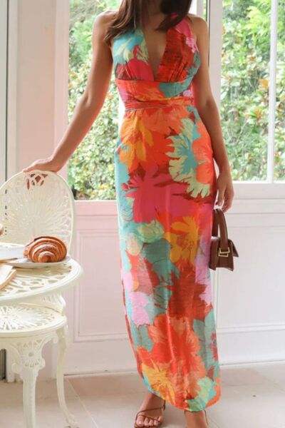 Split Crisscross Back Printed Plunge Maxi Dress - Trendsi - Flyclothing LLC