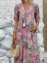 Full Size Printed V-Neck Half Sleeve Dress Plus Size - Trendsi - Flyclothing LLC
