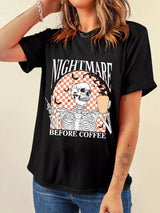 Halloween Skull Checkerboard Graphic Round Neck T-Shirt - Trendsi - Flyclothing LLC