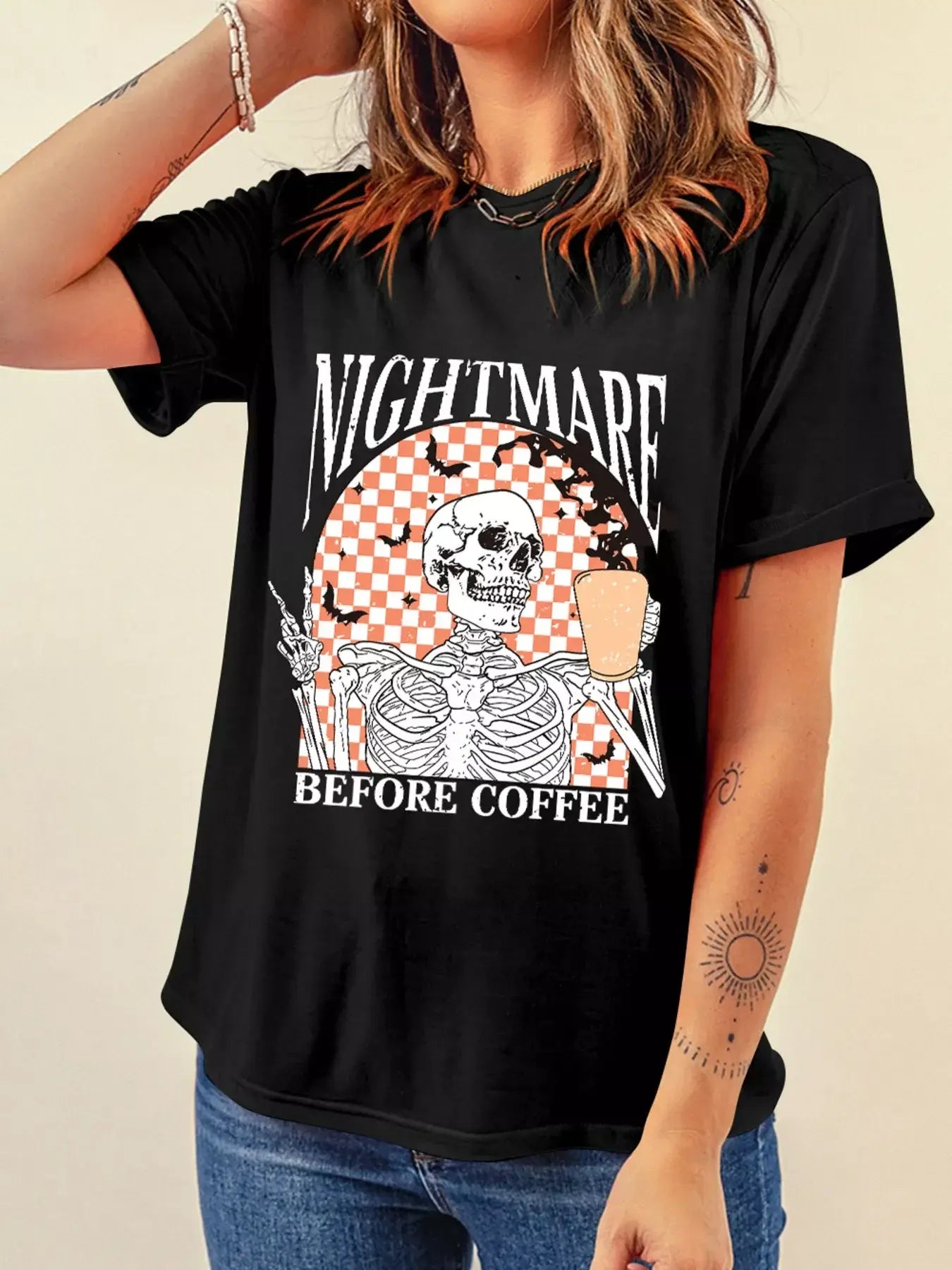 Halloween Skull Checkerboard Graphic Round Neck T-Shirt - Trendsi - Flyclothing LLC