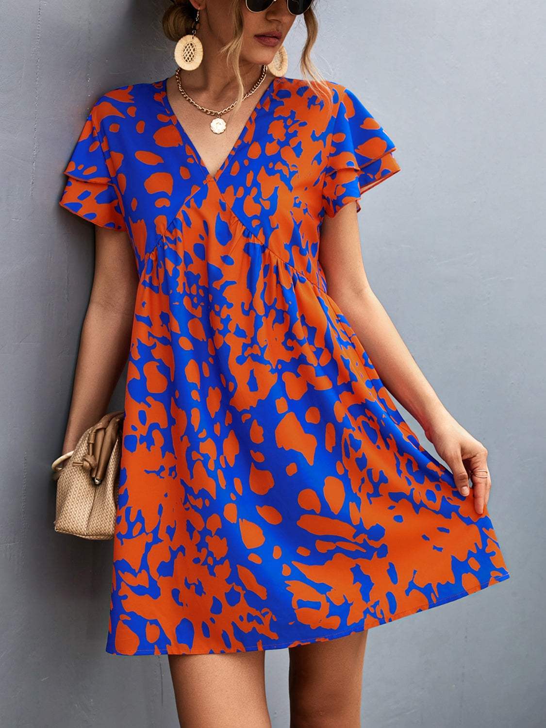Ruffled Printed V-Neck Short Sleeve Mini Dress - Trendsi - Flyclothing LLC