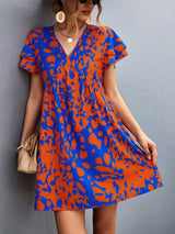 Ruffled Printed V-Neck Short Sleeve Mini Dress - Trendsi - Flyclothing LLC