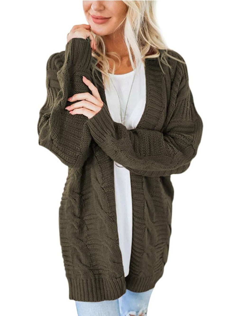 Cable-Knit Open Front Long Sleeve Cardigan - Trendsi - Flyclothing LLC