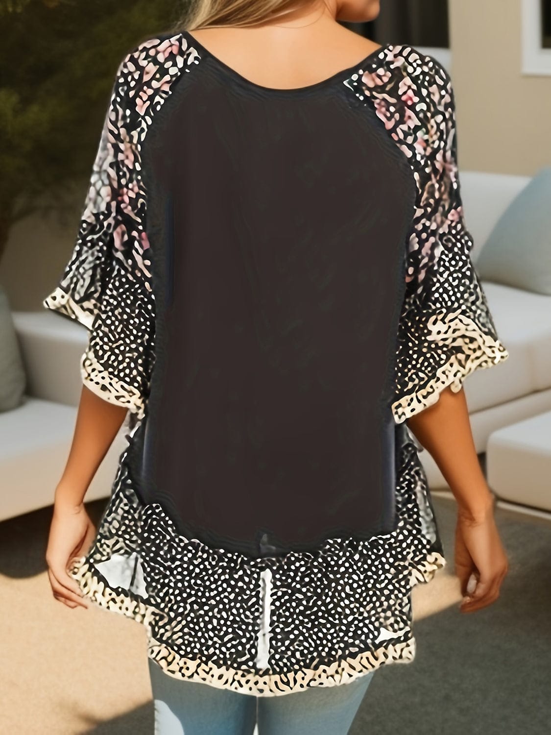Full Size Frill Printed Round Neck Half Sleeve Blouse - Trendsi