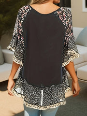 Full Size Frill Printed Round Neck Half Sleeve Blouse - Trendsi