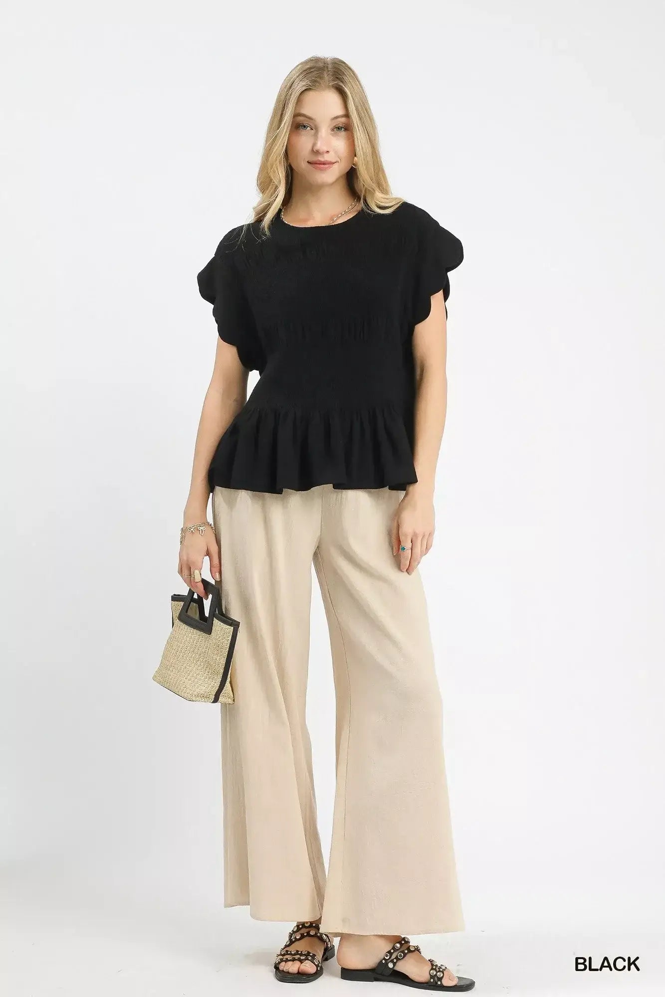 Umgee Linen Blend Smocked Peplum Blouse - Trendsi - Flyclothing LLC