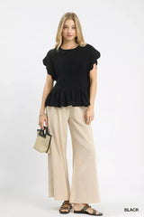 Umgee Linen Blend Smocked Peplum Blouse - Trendsi - Flyclothing LLC