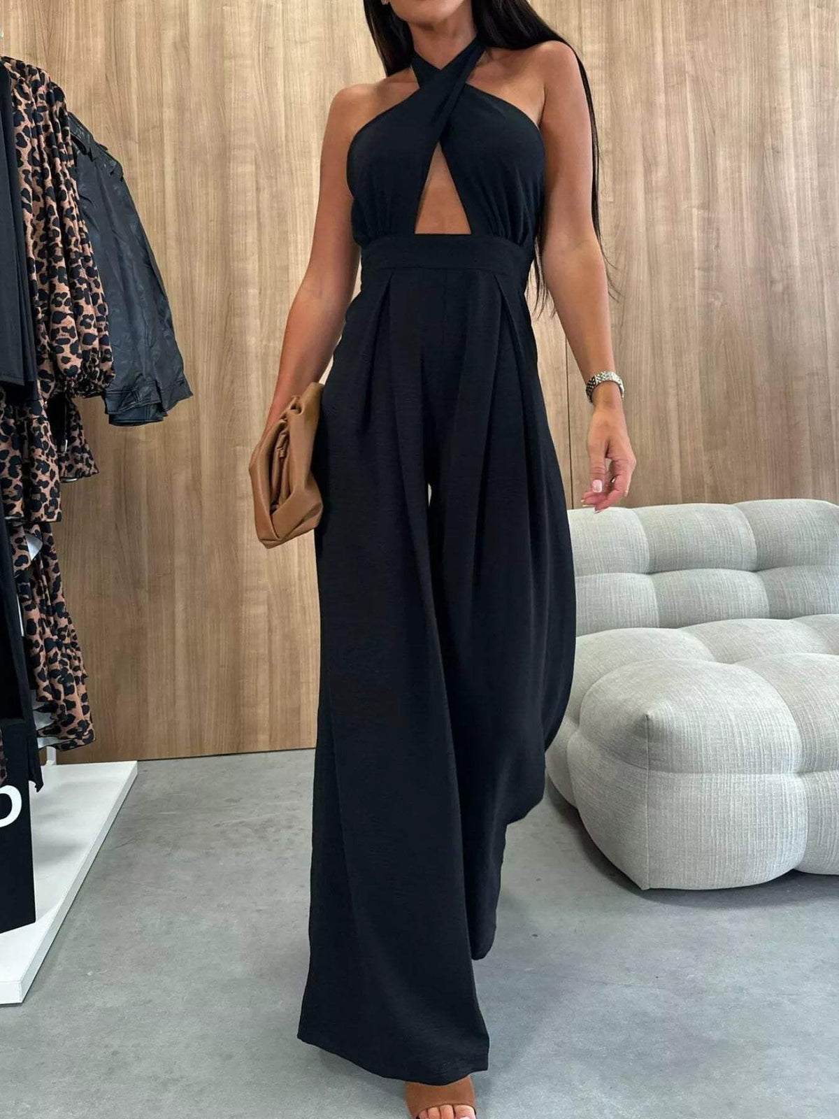 Halter Neck Cut-Out Wide-Leg Jumpsuit - Trendsi - Flyclothing LLC