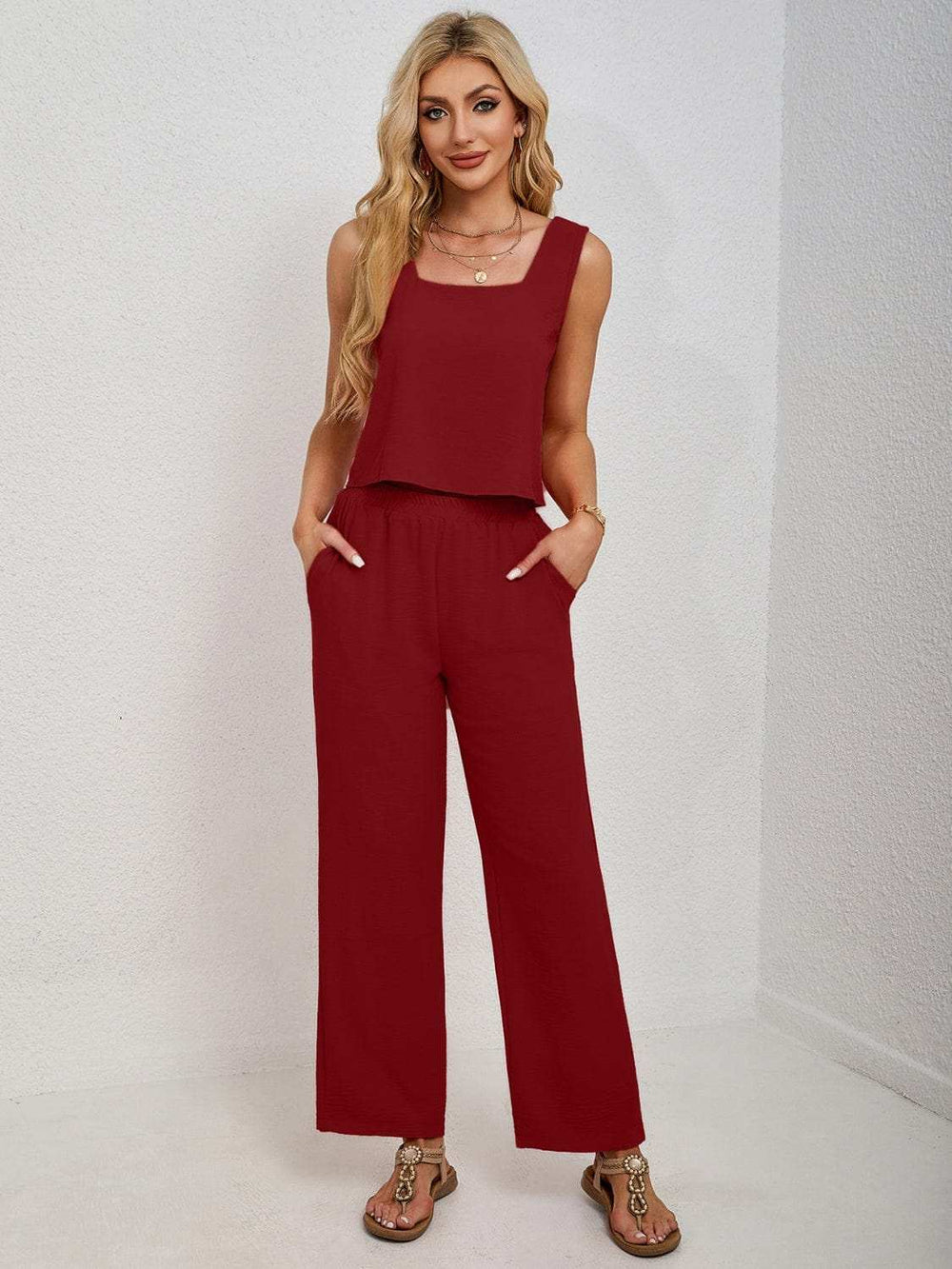 Square Neck Tank and Wide Leg Pants Set - Trendsi - Flyclothing LLC