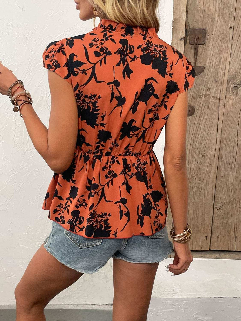 Printed Tie Neck Cap Sleeve Blouse - Trendsi - Flyclothing LLC