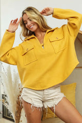 BiBi Flap Pockets Fleece Collared Sweatshirt - Trendsi - Flyclothing LLC