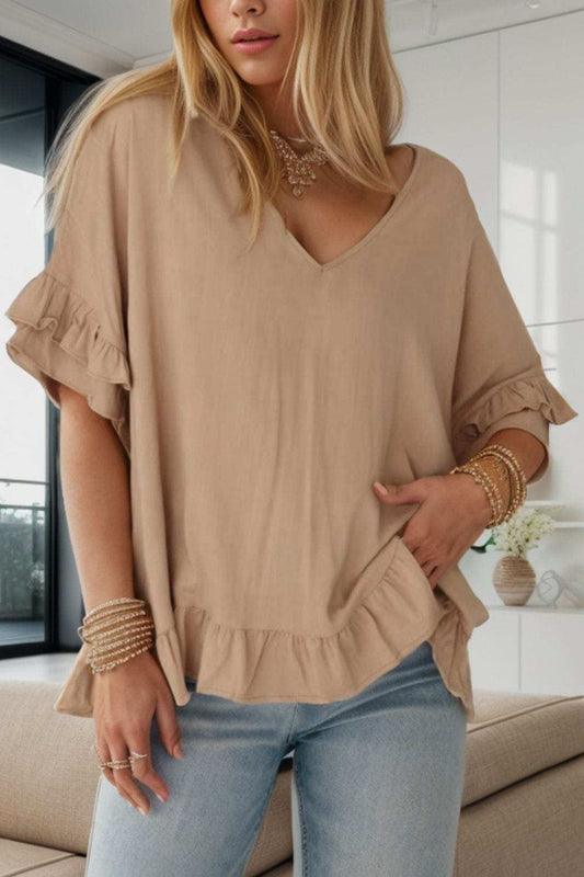 Ruffled V-Neck Half Sleeve Blouse - Trendsi - Flyclothing LLC