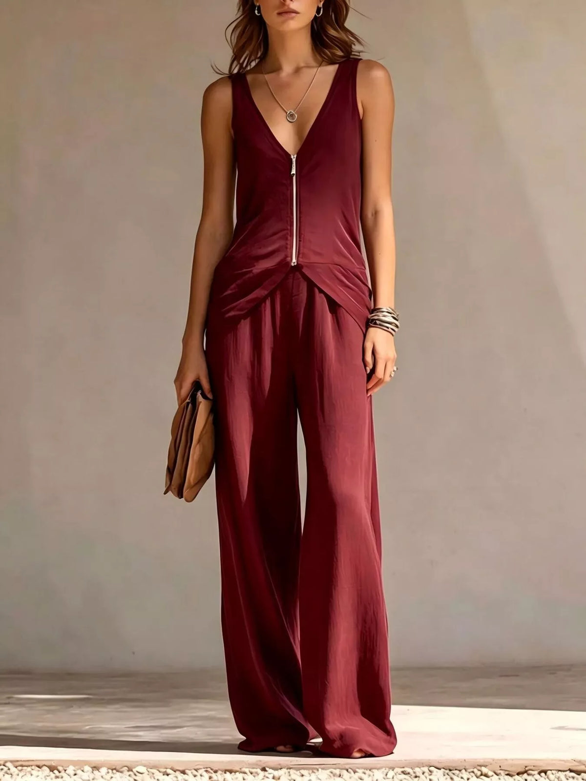 Full Size Zipper Front Tank and Wide-Leg Pants Set Plus Size - Trendsi - Flyclothing LLC