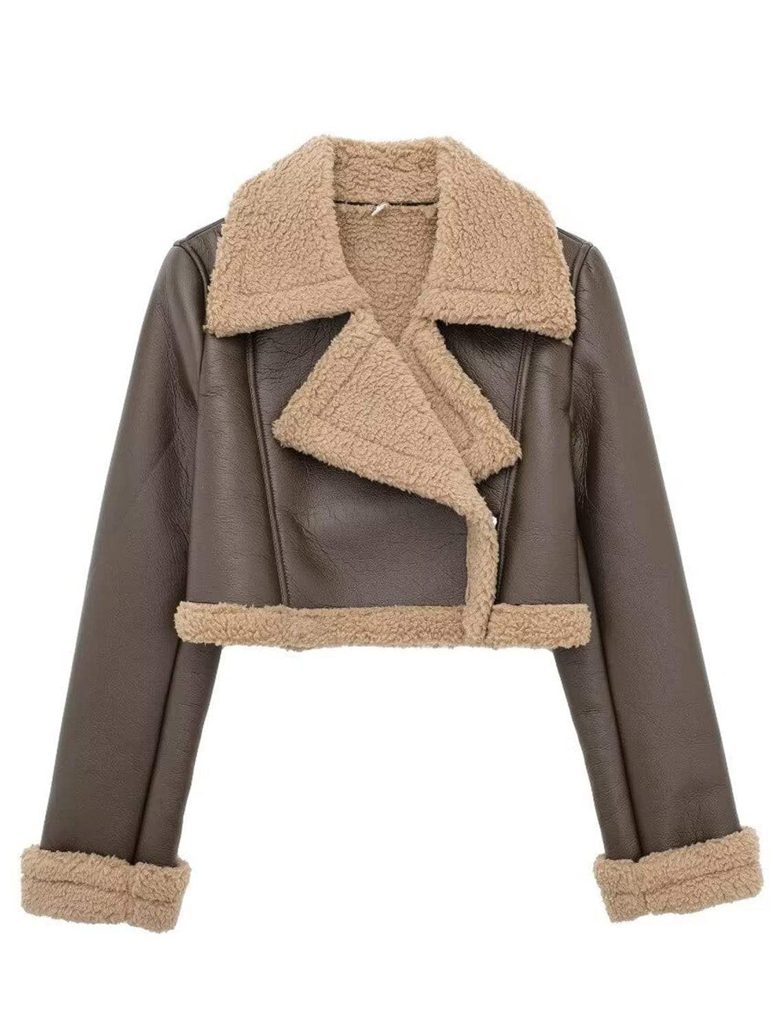 Collared Neck Long Sleeve Plush Cropped Jacket - Trendsi - Flyclothing LLC