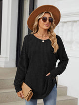 Ribbed Round Neck Long Sleeve T-Shirt - Trendsi - Flyclothing LLC