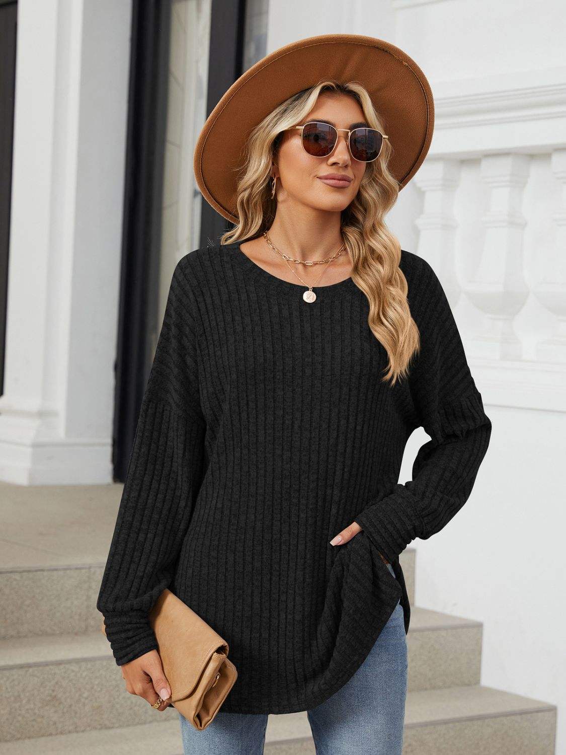 Ribbed Round Neck Long Sleeve T-Shirt - Trendsi - Flyclothing LLC