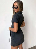 Full Size Zip Front Short Sleeve Denim Dress Plus Size - Trendsi - Flyclothing LLC