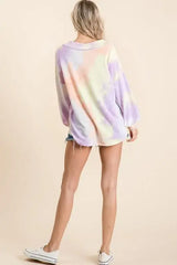 BiBi Tie Dye French Terry V-Neck Top with Puff Sleeves - Trendsi - Flyclothing LLC