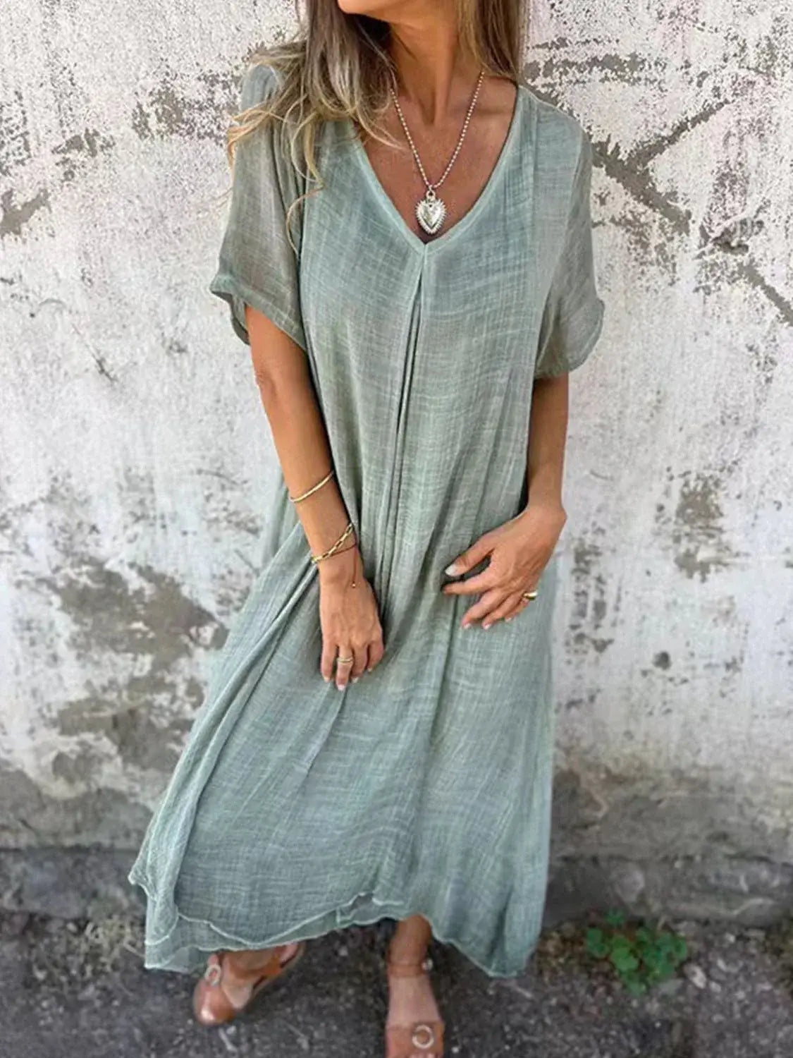 Full Size V-Neck Short Sleeve Midi Dress Plus Size - Trendsi - Flyclothing LLC