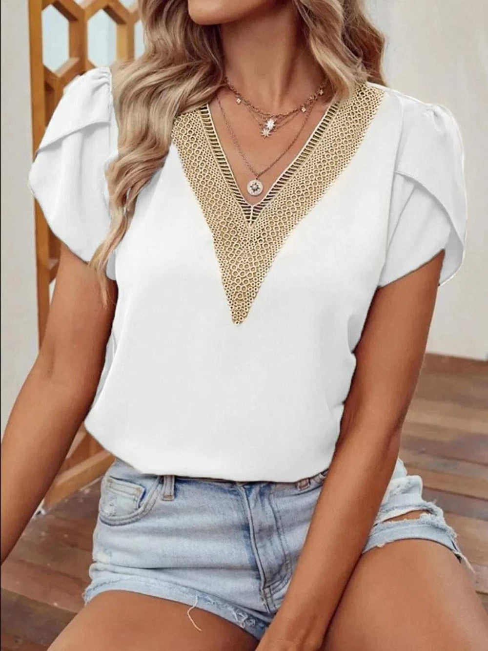 V-Neck Petal Sleeve Blouse - Trendsi - Flyclothing LLC