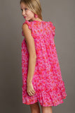 Umgee Full Size Smocked Detail Floral Metallic Ruffle Cap Sleeve Dress Plus Size - Trendsi