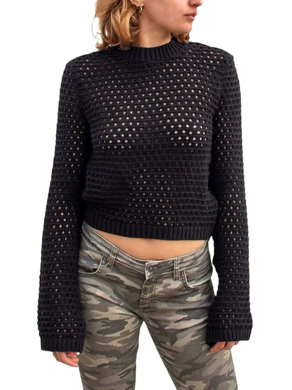 Openwork Round Neck Long Sleeve Knit Top - Trendsi - Flyclothing LLC