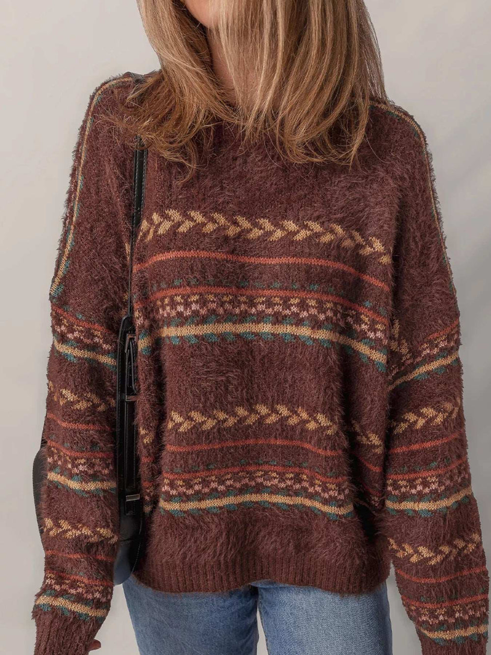 Ethnic Pattern Mohair Knitted Drop Shoulder Sweater - Trendsi - Flyclothing LLC