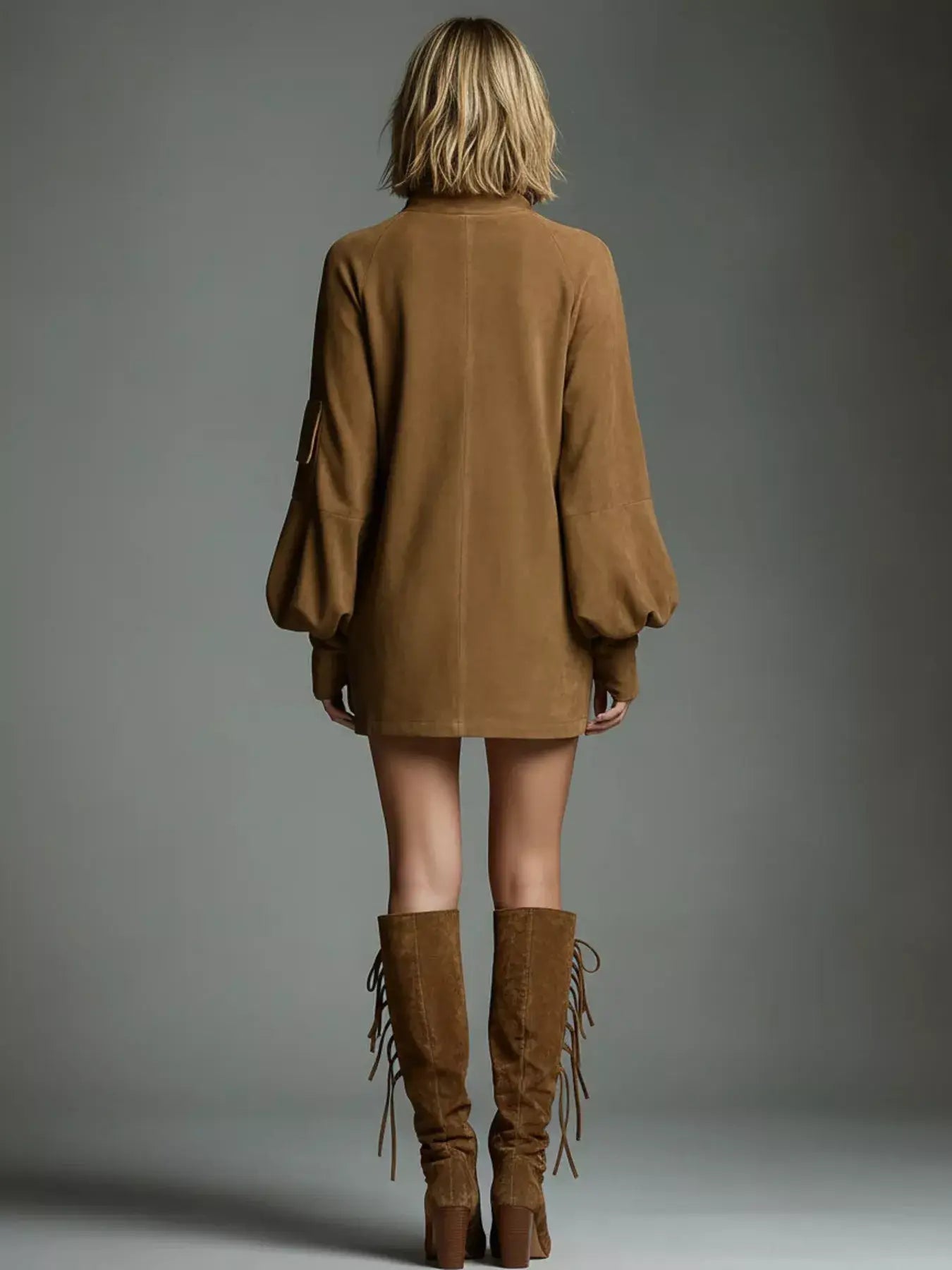 Full Size Suede Turtleneck Lantern Sleeve Mini Dress Plus Size - Trendsi - Flyclothing LLC
