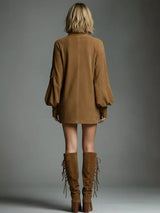 Full Size Suede Turtleneck Lantern Sleeve Mini Dress Plus Size - Trendsi - Flyclothing LLC