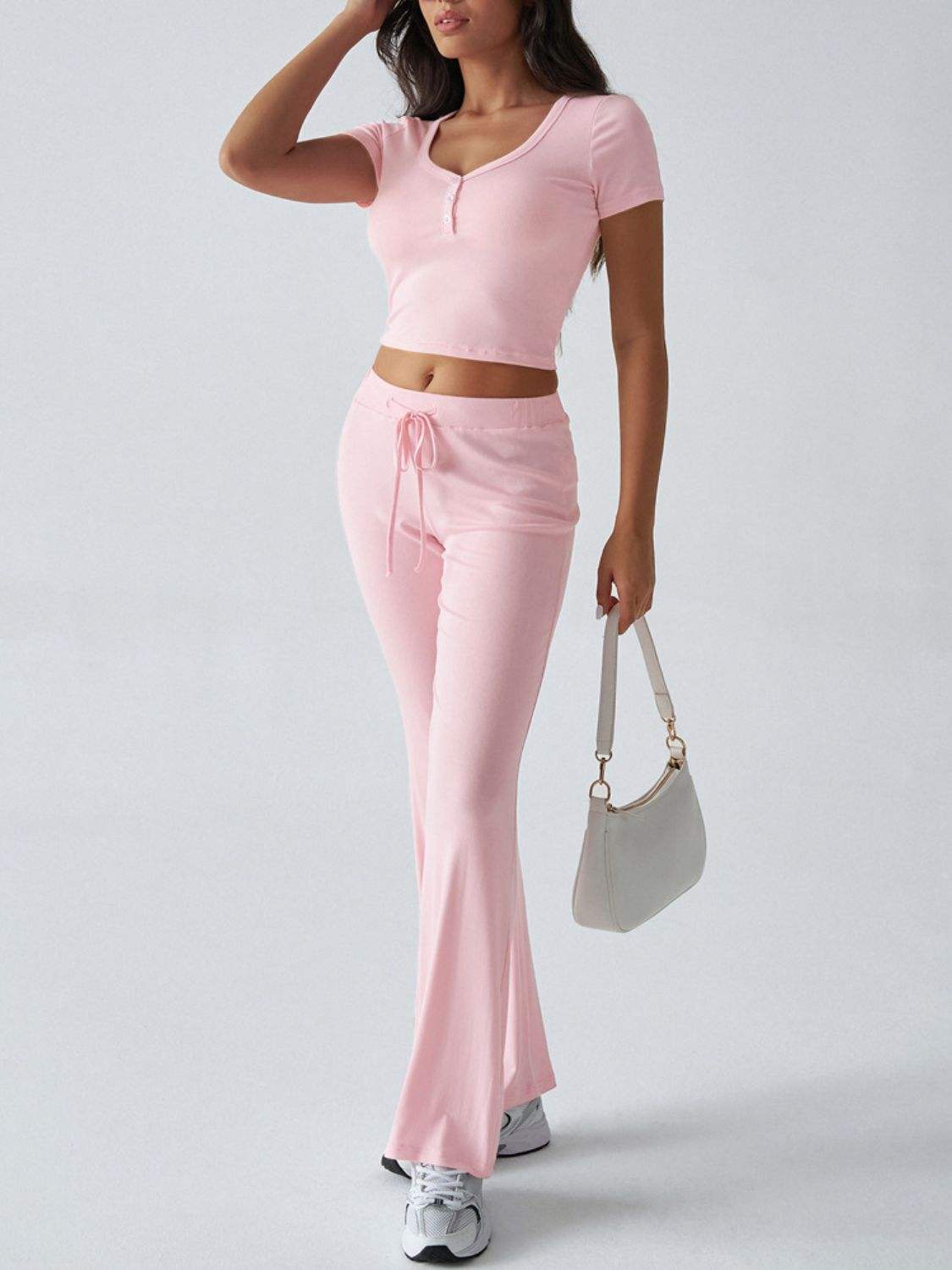 Devine Short Sleeve Top and Drawstring Pants Set - Trendsi - Flyclothing LLC
