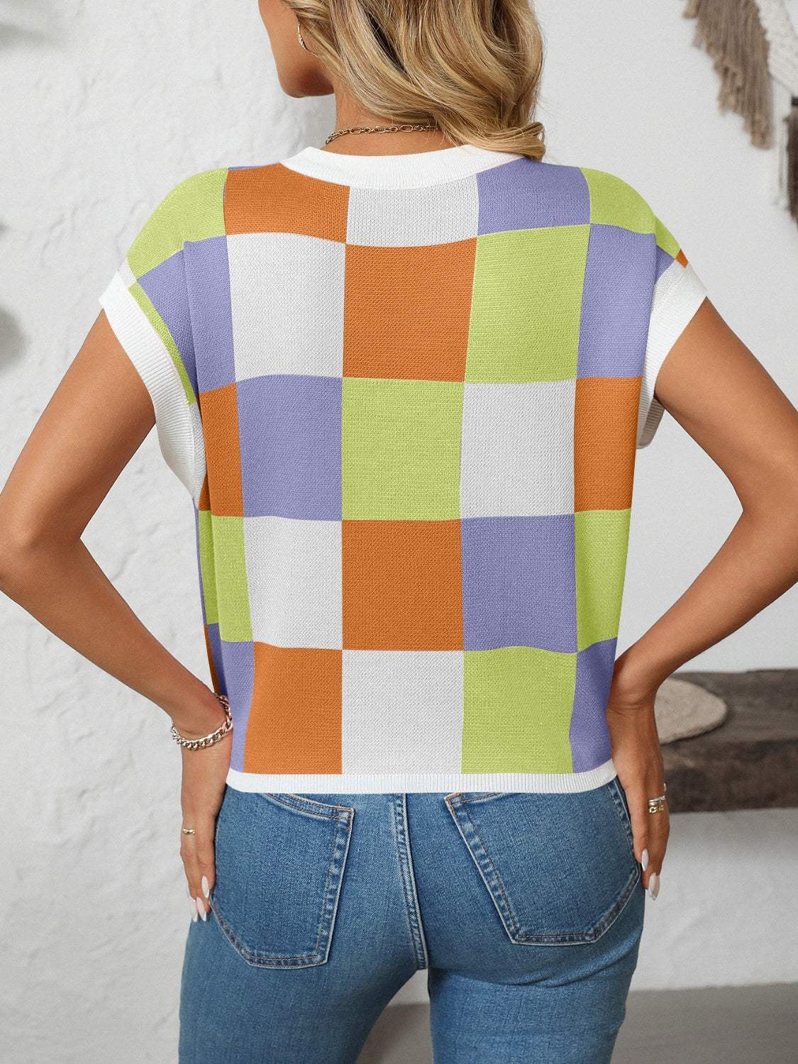 Mandy Checkered Round Neck Cap Sleeve Knit Top - Trendsi - Flyclothing LLC