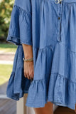Notched Flare Sleeve Denim Dress - Trendsi