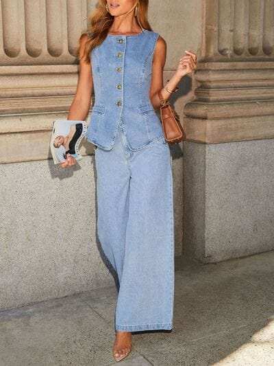 Button Down Vest and Wide Leg Jeans Denim Set - Trendsi - Flyclothing LLC
