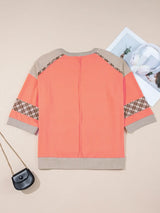 Plaid Waffle Flower Patchwork Contrast Top - Trendsi - Flyclothing LLC
