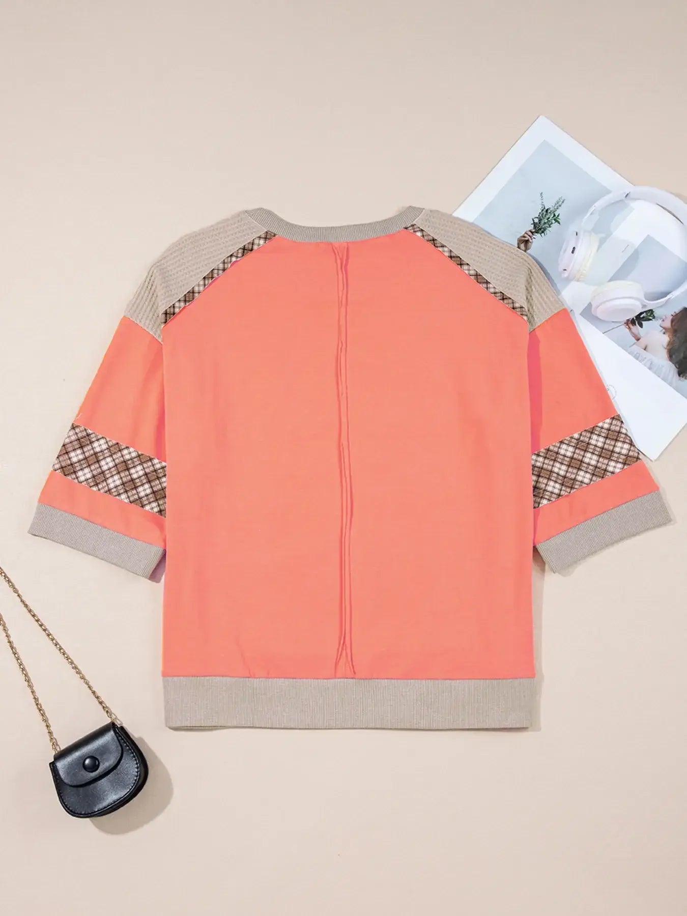 Plaid Waffle Flower Patchwork Contrast Top - Trendsi - Flyclothing LLC