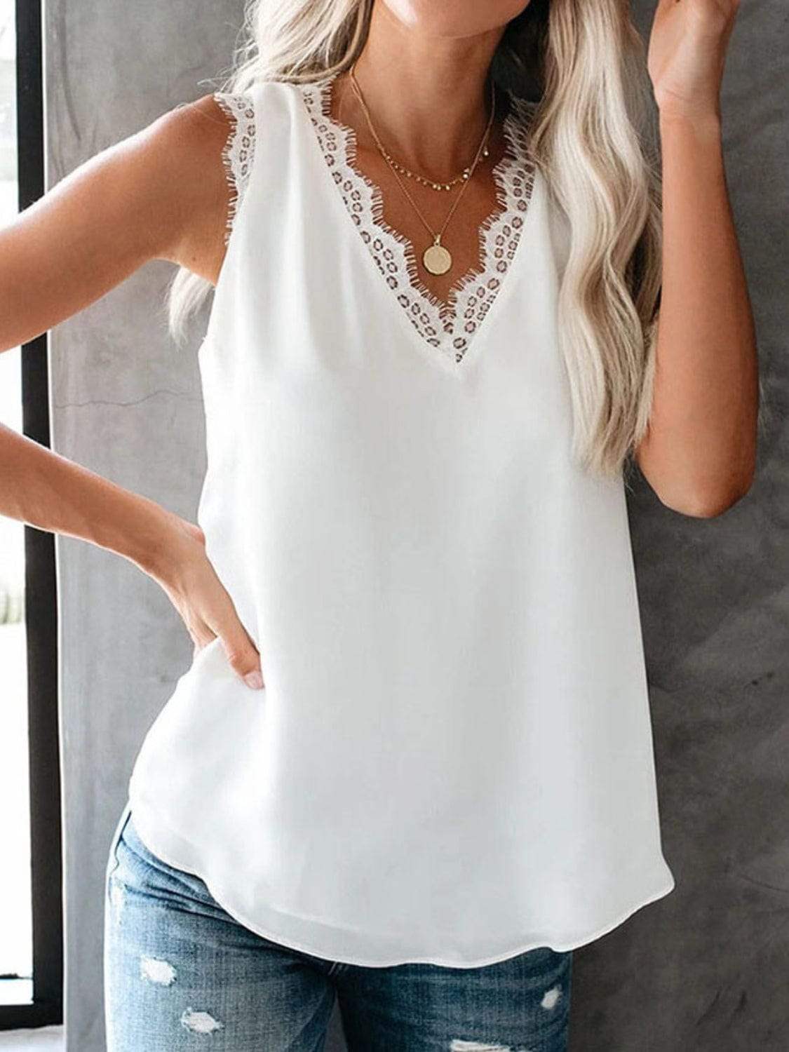 Lace Detail V-Neck Tank - Trendsi - Flyclothing LLC