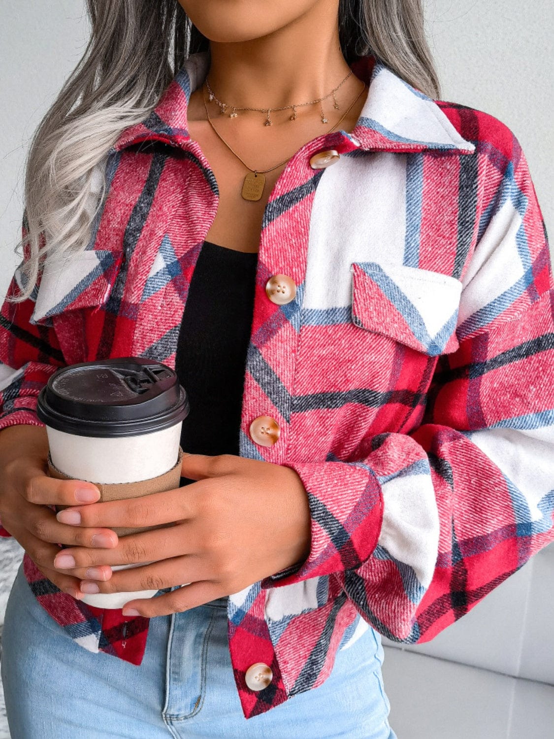 Plaid Collared Neck Long Sleeve Jacket - Trendsi