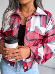 Plaid Collared Neck Long Sleeve Jacket - Trendsi